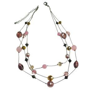 Multistrand Pink Pearl & Crystal Layered Statement Necklace With Metallic Accent